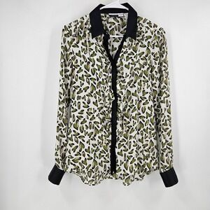 Sportmax Code Silk Blouse White Green Heart Leopard Print Ruffle Button Up Sz 6
